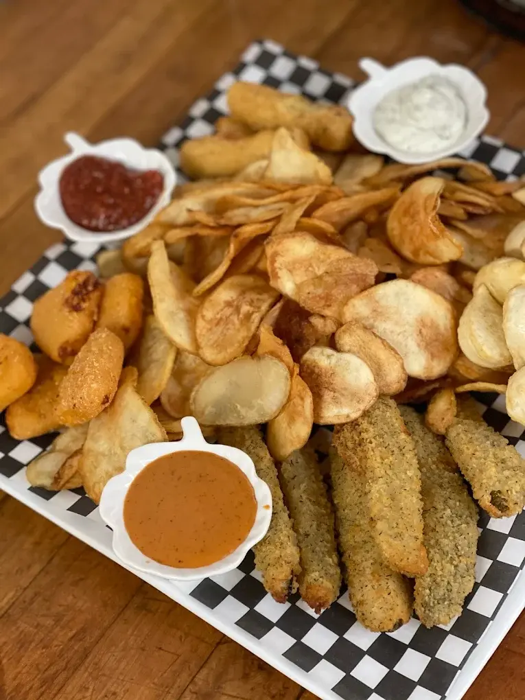 DJ's Platter with cactus chips, spring rolls, deep fried pickles, mozza sticks and mac & cheese bites - St. Albert, AB