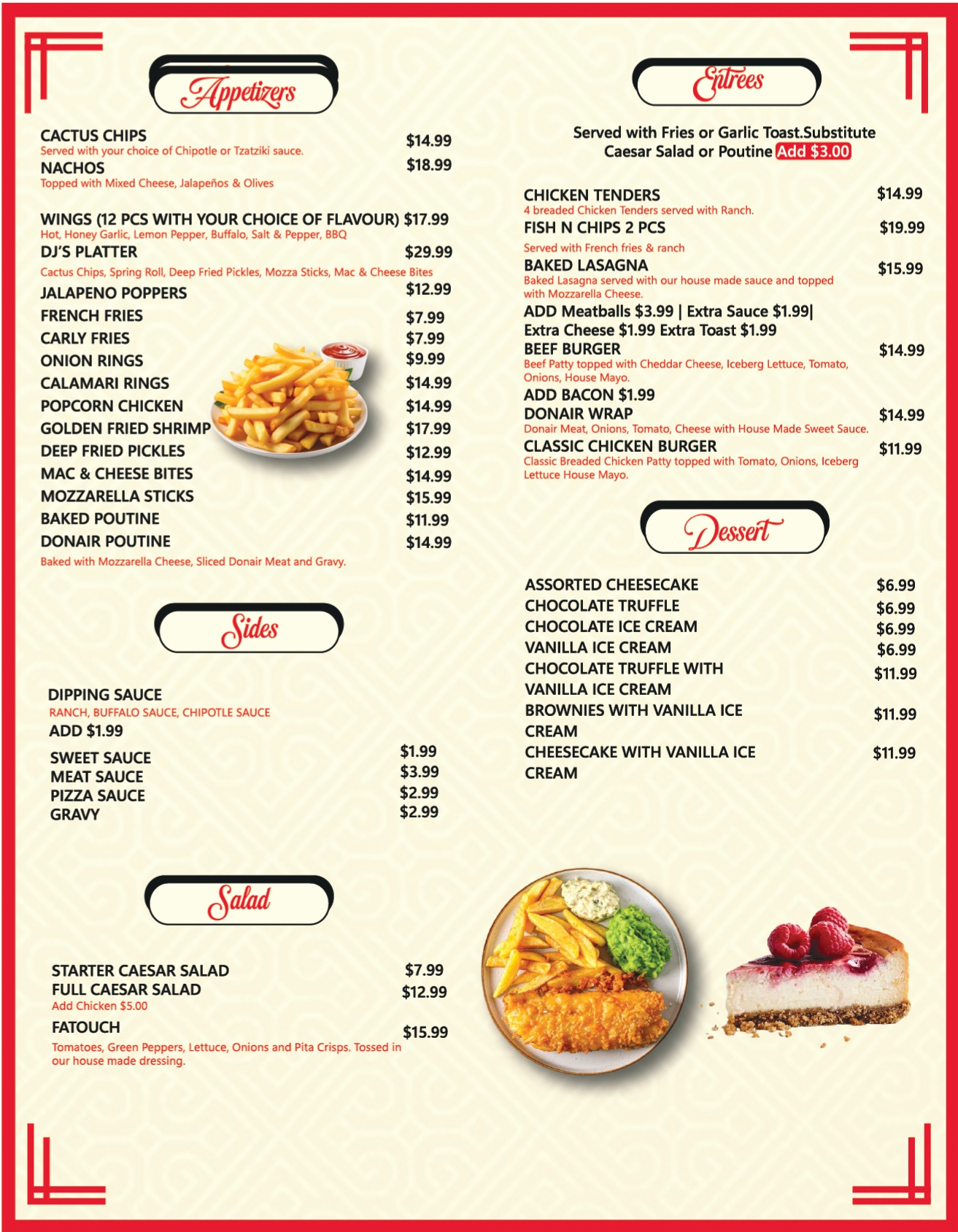 DJ's Pizzeria appetizers and entrees menu - wings, mac & cheese bites, donair poutine and salads in St. Albert, AB