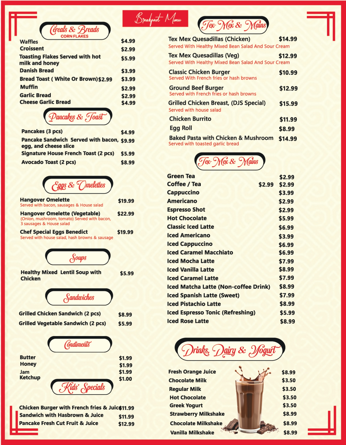DJ's Pizzeria breakfast menu - pancakes, omelettes, sandwiches and Tex-Mex mains in St. Albert, AB
