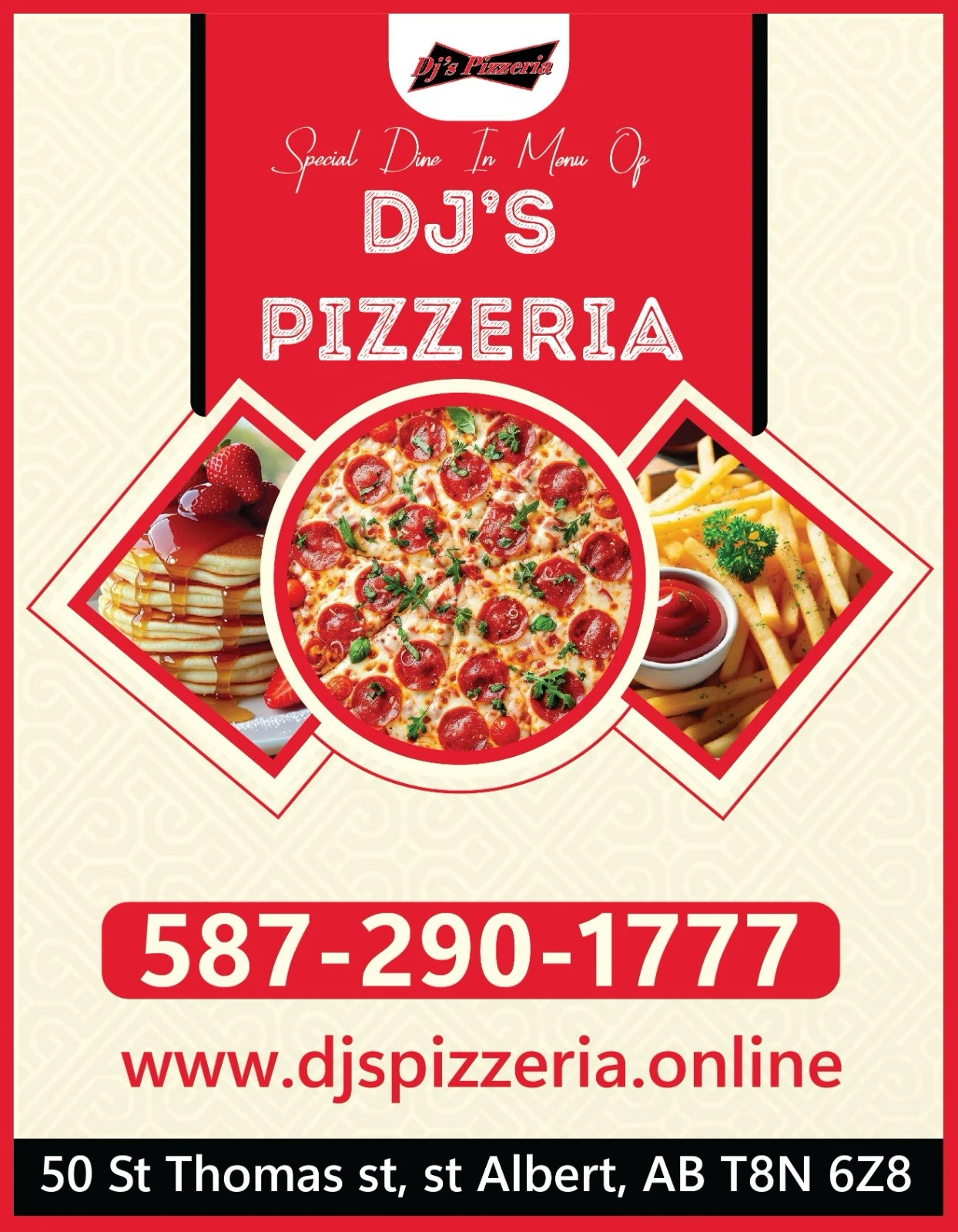 DJ's Pizzeria & Lounge dine-in menu cover - 50 St Thomas St, St. Albert, AB