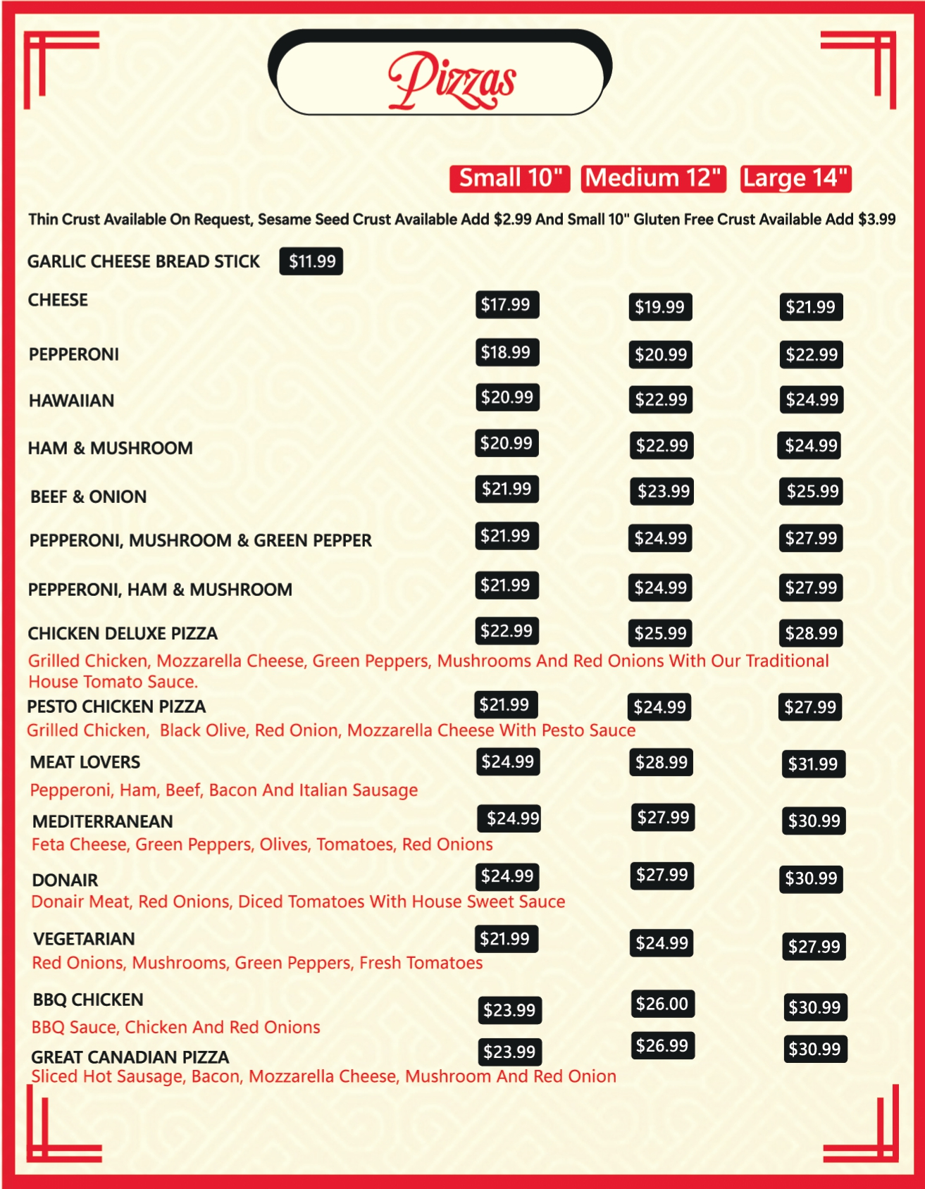 DJ's Pizzeria pizza menu with small, medium and large prices - meat lovers, donair and vegetarian pizzas in St. Albert, AB