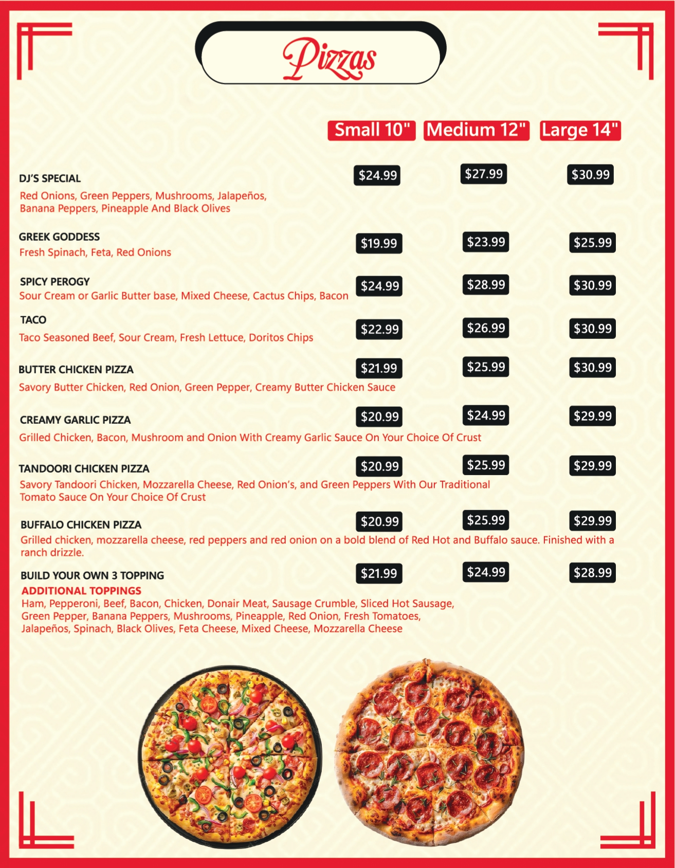 DJ's Pizzeria specialty pizza menu - DJ's Special, Spicy Perogy, Taco and butter chicken pizzas in St. Albert, AB